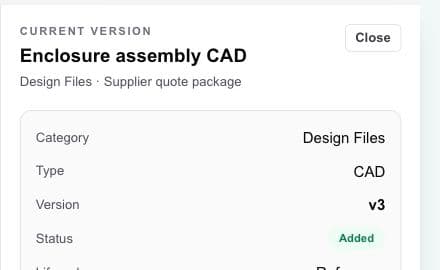 HardwareHub Workbench file details showing the current CAD version, category, type, and status