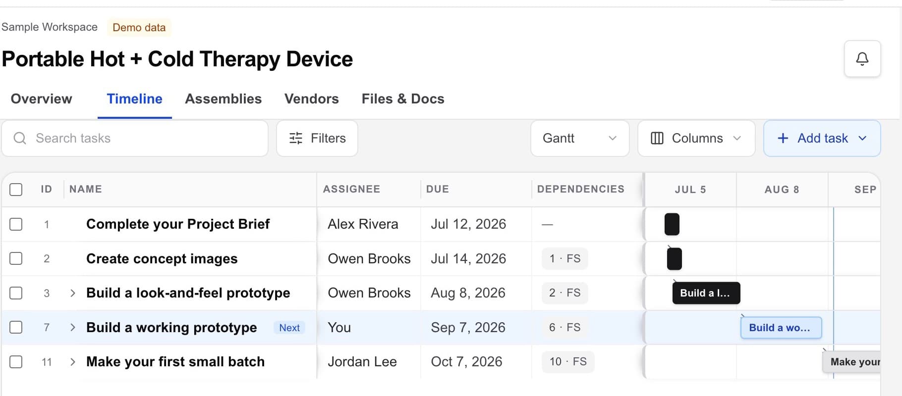HardwareHub Workbench Timeline showing the editable hardware project plan in Gantt view with List and Calendar view options